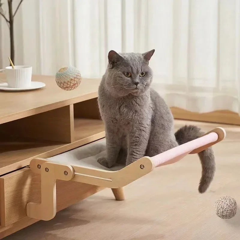 Cat Hanging Bed Sturdy Cat Hammock, Wood Frame with Cotton Canvas Sheet, Easy to Adjust Cat Bed Hanging for Bedside, Windowsill,