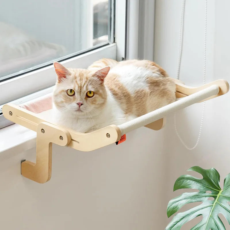 Cat Hanging Bed Sturdy Cat Hammock, Wood Frame with Cotton Canvas Sheet, Easy to Adjust Cat Bed Hanging for Bedside, Windowsill,