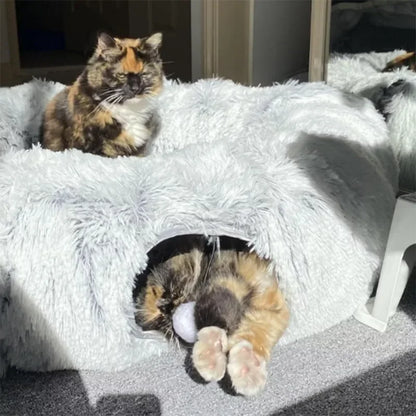 Soft Plush Cat Bed with Cozy Tunnel for Indoor Cats Multifunctional Donut Bed with Peephole for Playful Kittens